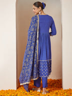 Janasya Dark Cotton Foil Print A-Line Kurta Set