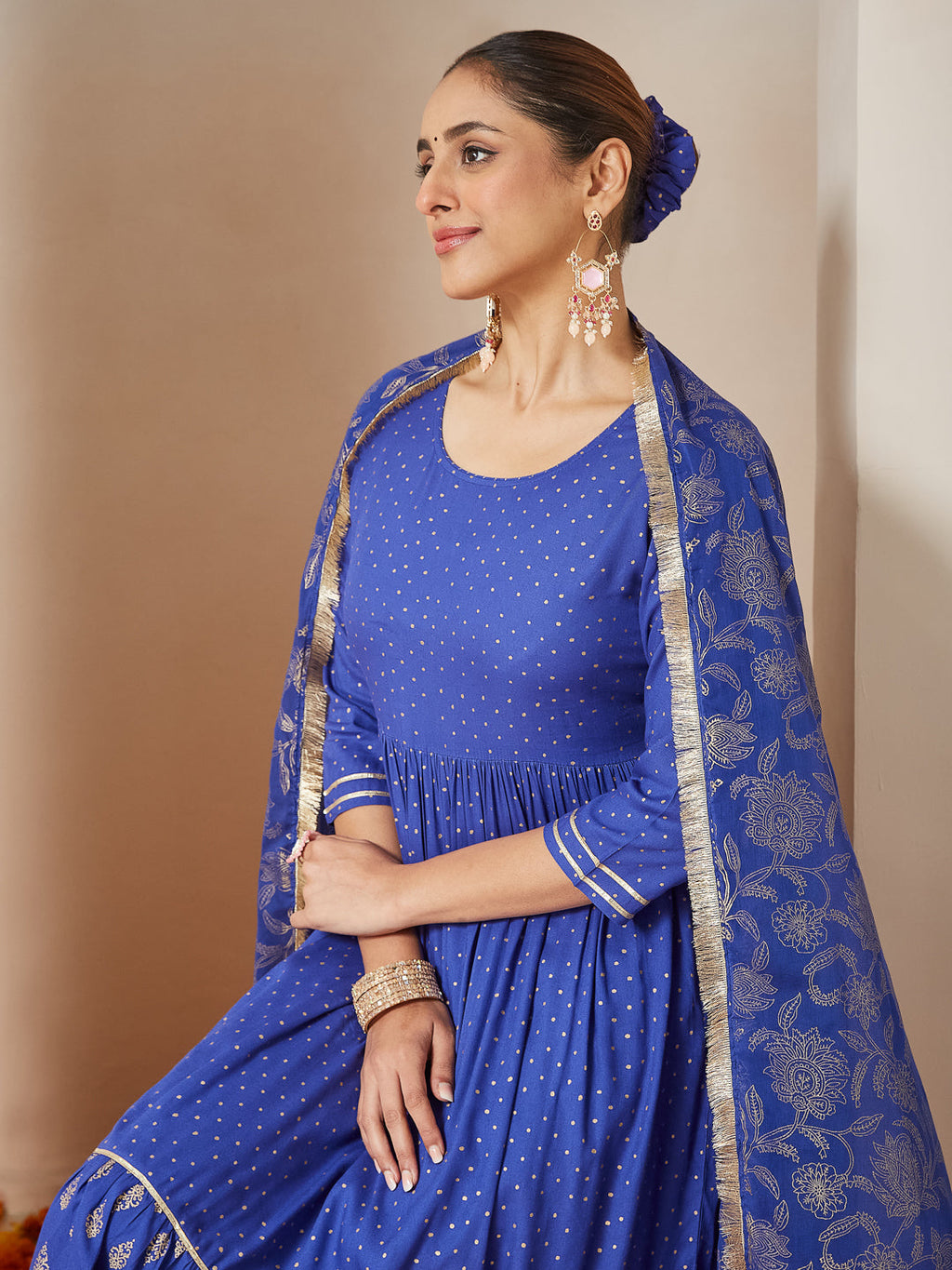 Janasya Dark Cotton Foil Print A-Line Kurta Set