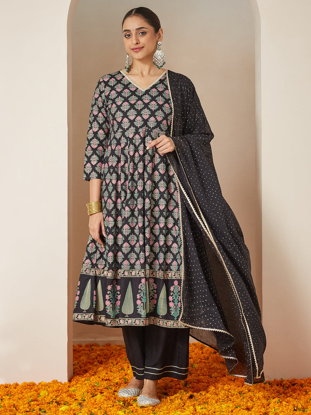 Janasya Dark Rayon Ethnic Motifs A-Line Kurta Set