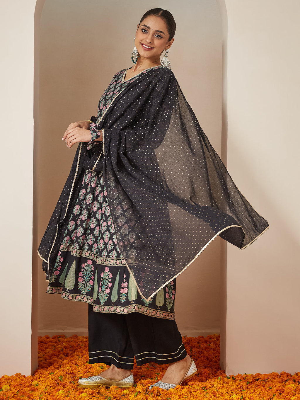 Janasya Dark Rayon Ethnic Motifs A-Line Kurta Set