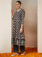 Janasya Dark Rayon Ethnic Motifs A-Line Kurta Set