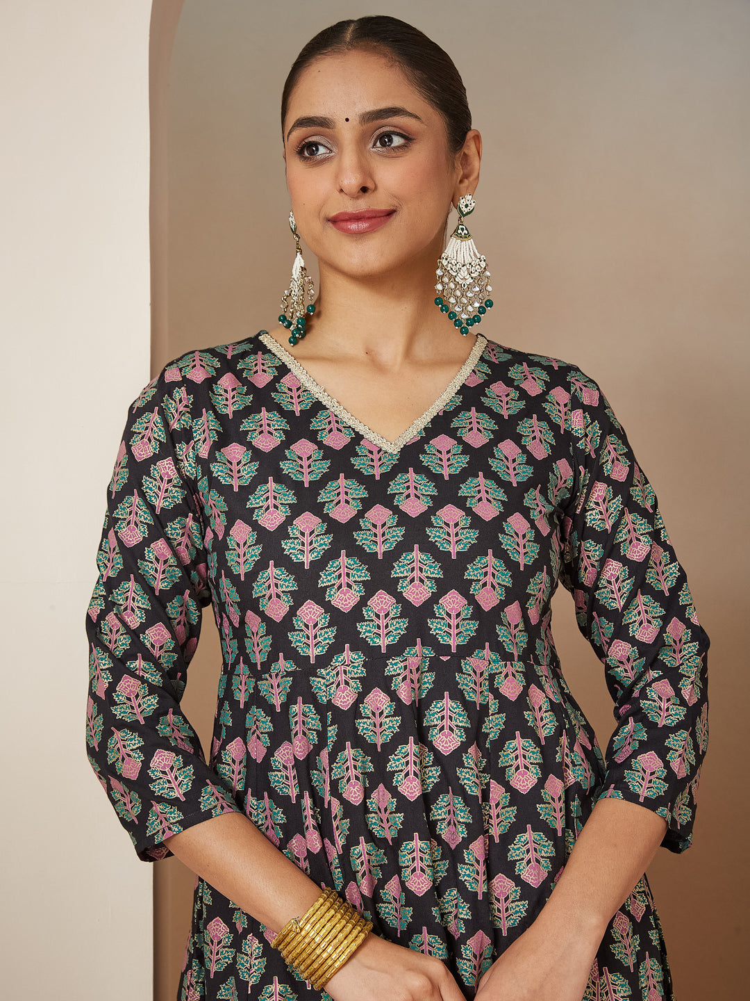 Janasya Dark Rayon Ethnic Motifs A-Line Kurta Set