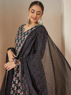 Janasya Dark Rayon Ethnic Motifs A-Line Kurta Set