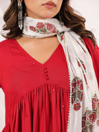 Janasya Dark Rayon Embellished A-Line Kurta Set