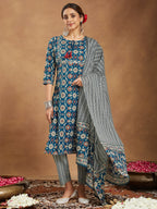 Janasya Bright Cotton Floral Straight Kurta Set