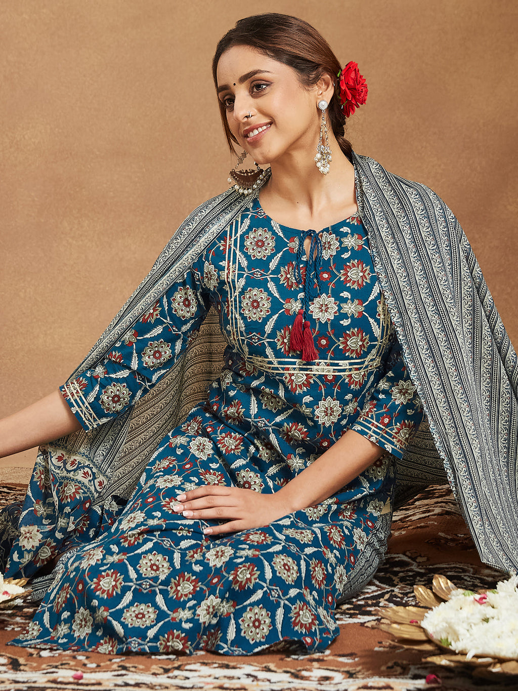 Janasya Bright Cotton Floral Straight Kurta Set