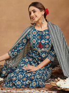 Janasya Bright Cotton Floral Straight Kurta Set