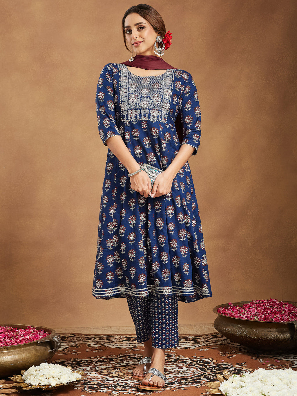 Janasya Dark Cotton Floral Anarkali Kurta Set - Distacart