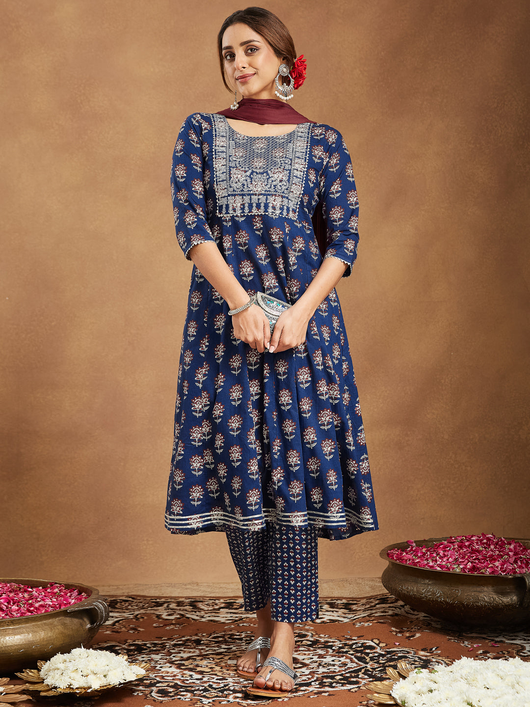 Janasya Dark Cotton Floral Anarkali Kurta Set - Distacart