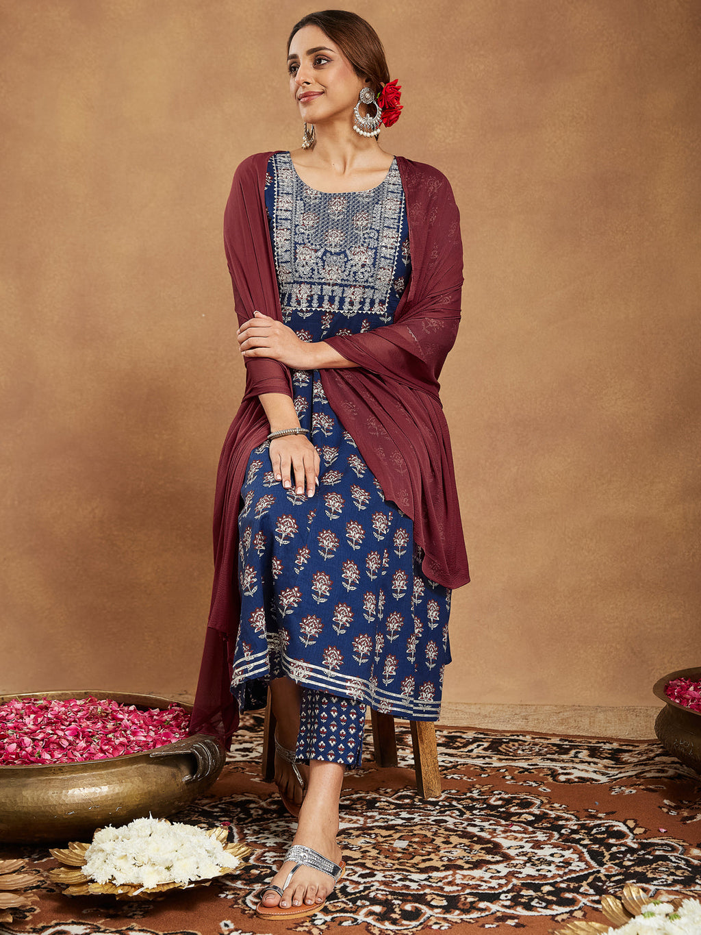 Janasya Dark Cotton Floral Anarkali Kurta Set - Distacart