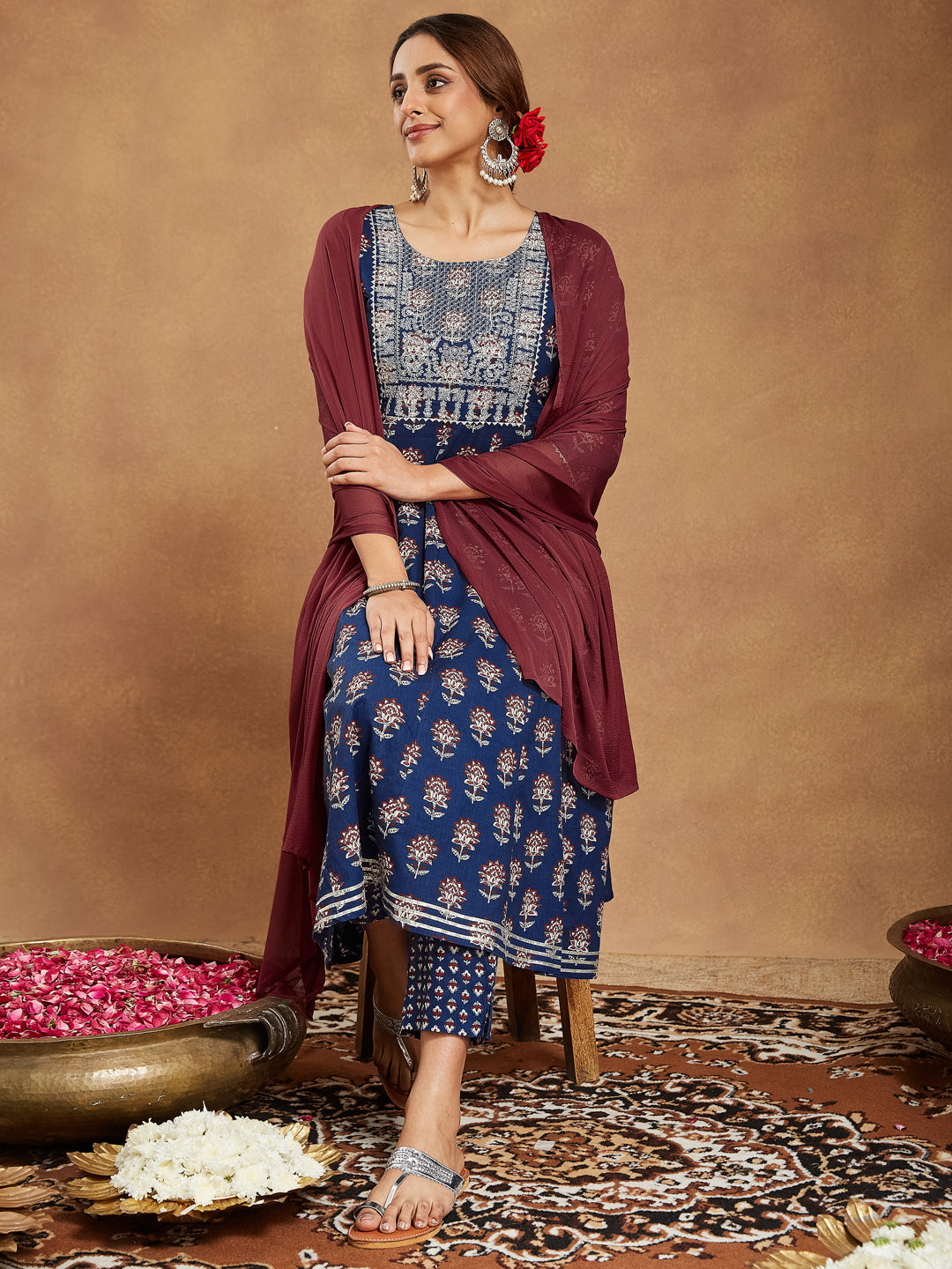 Janasya Dark Cotton Floral Anarkali Kurta Set - Distacart