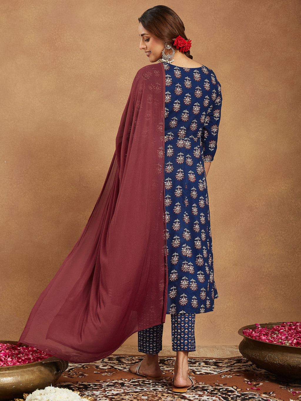 Janasya Dark Cotton Floral Anarkali Kurta Set - Distacart