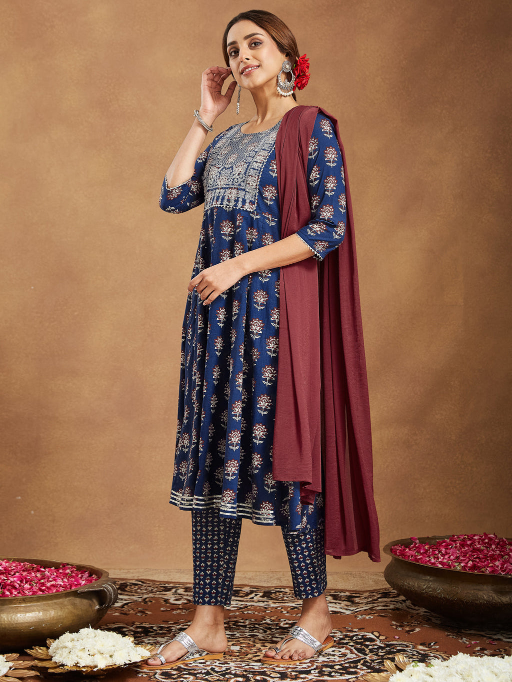 Janasya Dark Cotton Floral Anarkali Kurta Set - Distacart