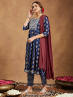 Janasya Dark Cotton Floral Anarkali Kurta Set - Distacart