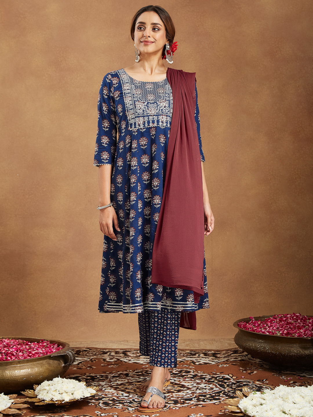 Janasya Dark Cotton Floral Anarkali Kurta Set - Distacart