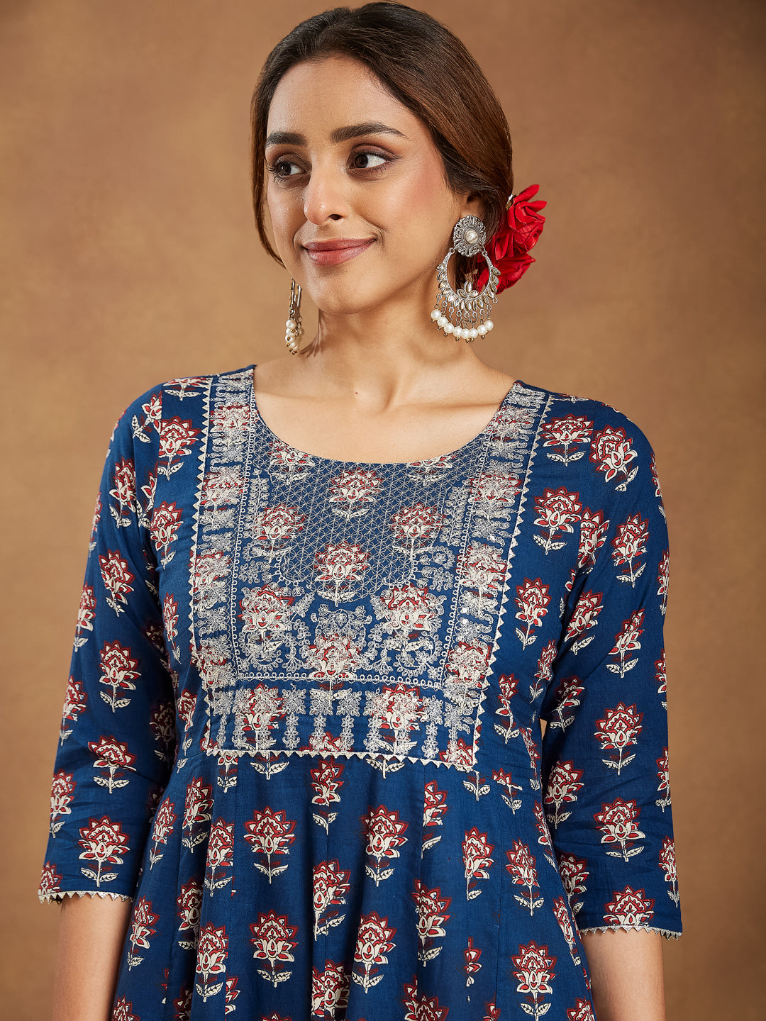 Janasya Dark Cotton Floral Anarkali Kurta Set - Distacart