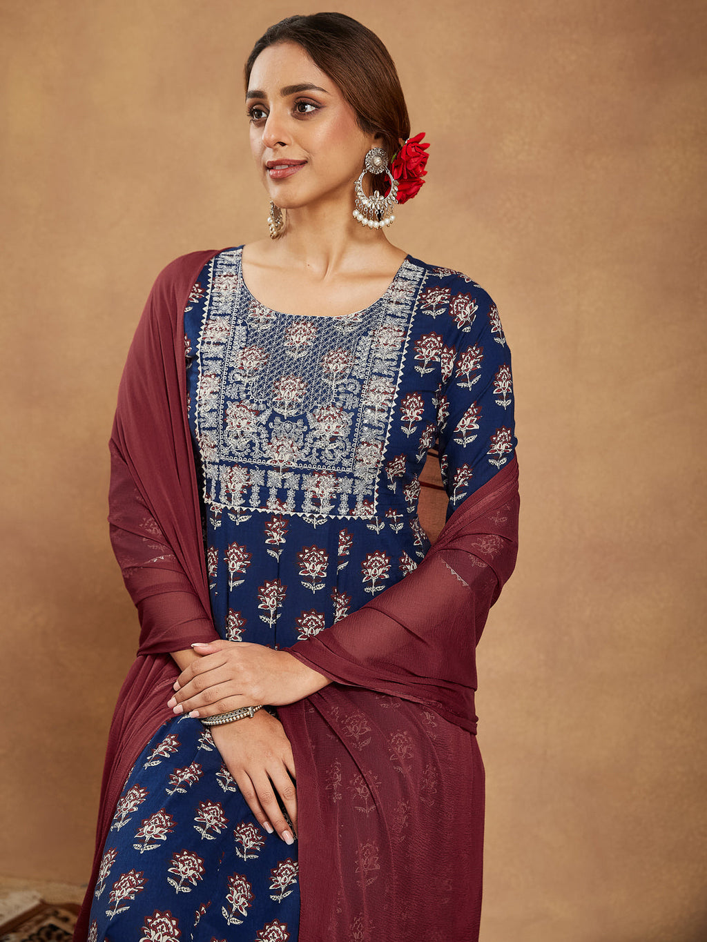 Janasya Dark Cotton Floral Anarkali Kurta Set - Distacart