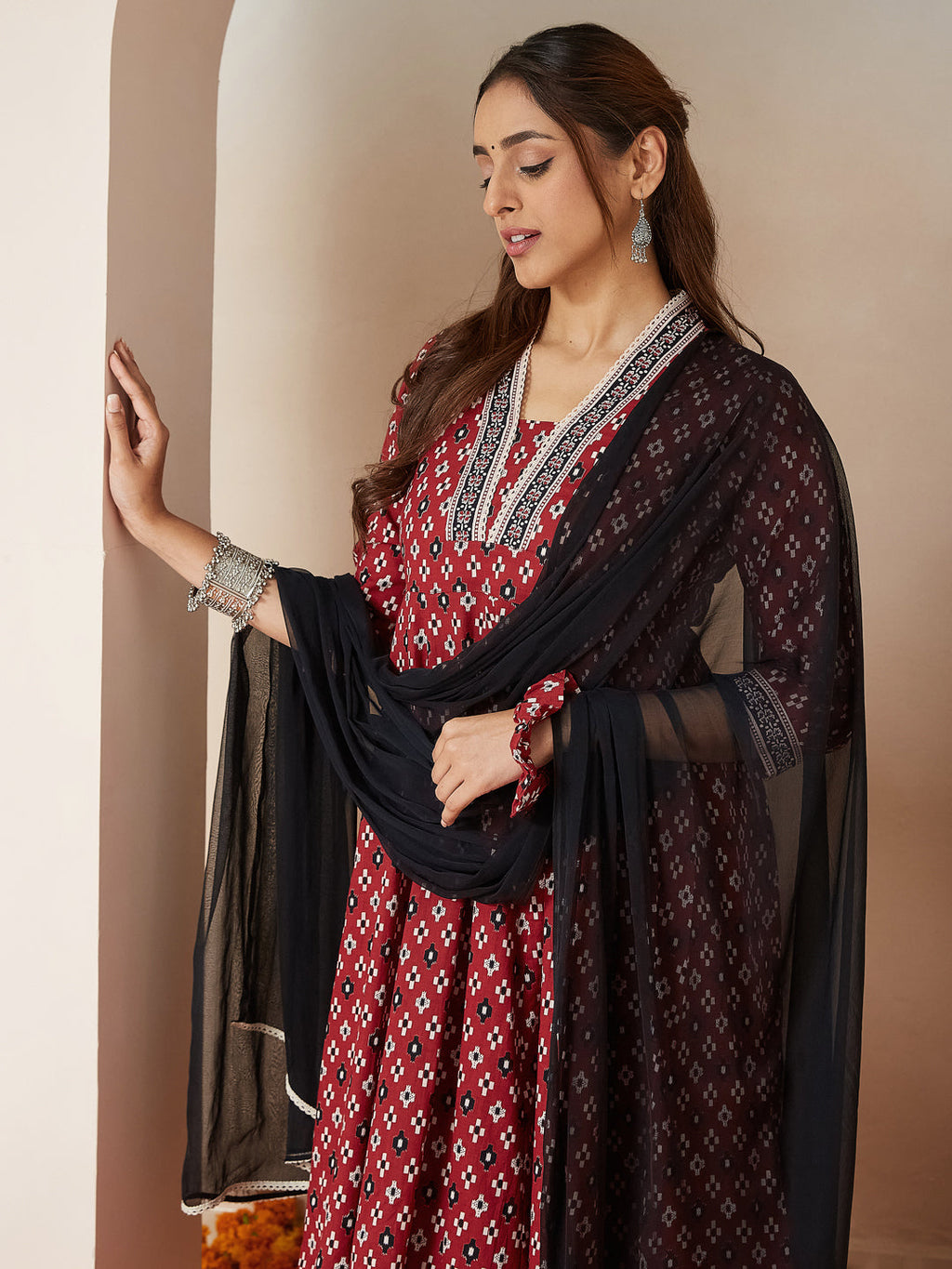 Janasya Dark Cotton Ikkat Anarkali Kurta Set