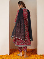 Janasya Dark Cotton Ikkat Anarkali Kurta Set