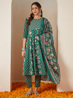 Janasya Bright Cotton Floral Anarkali Kurta Set
