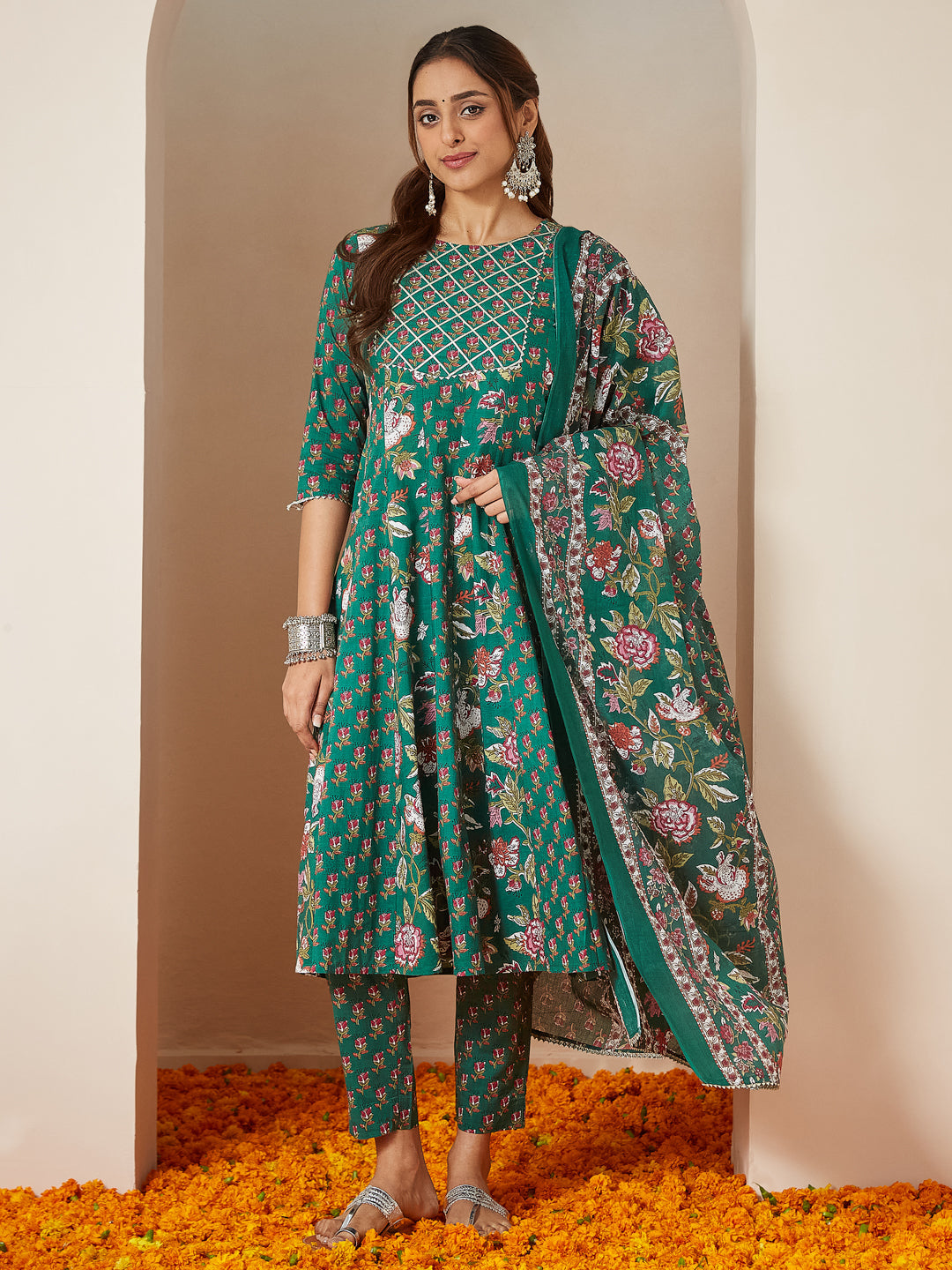Janasya Bright Cotton Floral Anarkali Kurta Set