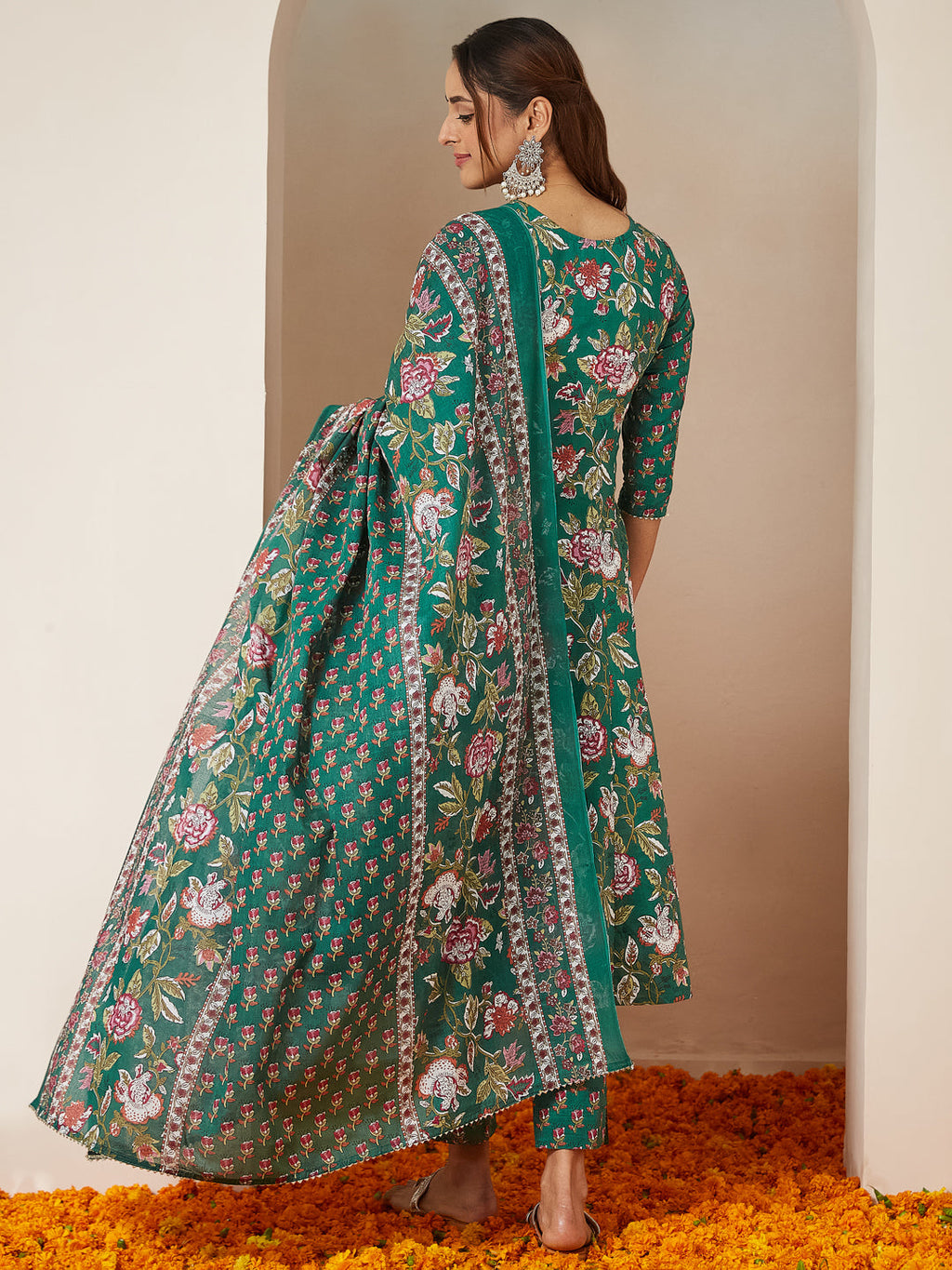 Janasya Bright Cotton Floral Anarkali Kurta Set