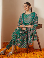 Janasya Bright Cotton Floral Anarkali Kurta Set