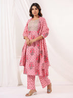 Janasya Light Cotton Floral A-Line Kurta Set