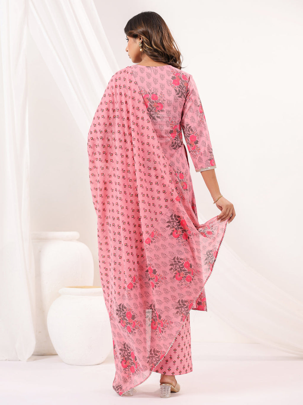 Janasya Light Cotton Floral A-Line Kurta Set