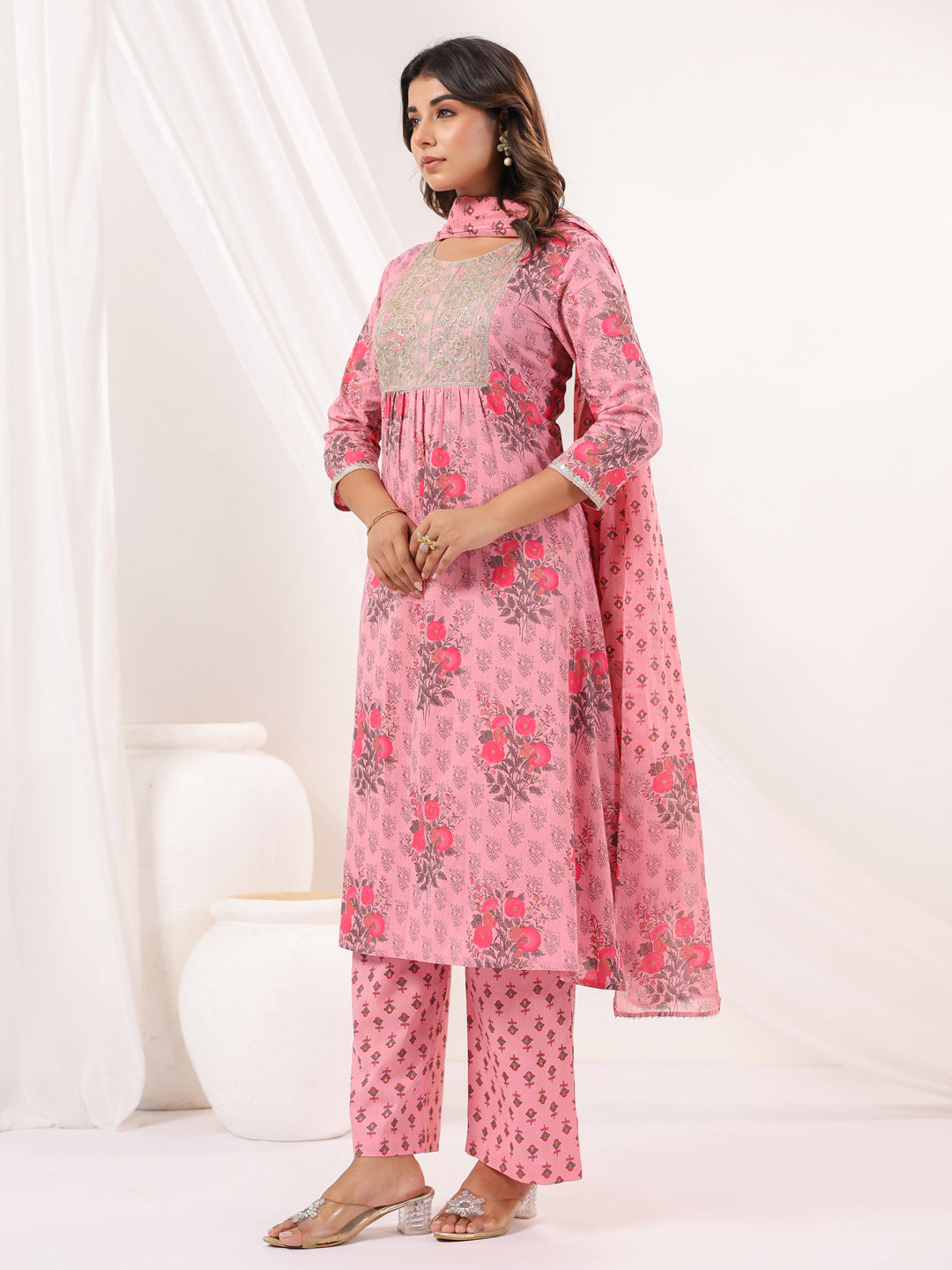 Janasya Light Cotton Floral A-Line Kurta Set