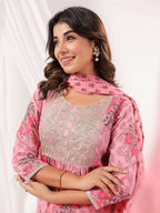 Janasya Light Cotton Floral A-Line Kurta Set