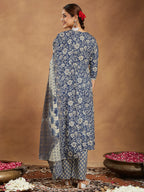 Janasya Dark Cotton Floral Anarkali Kurta Set