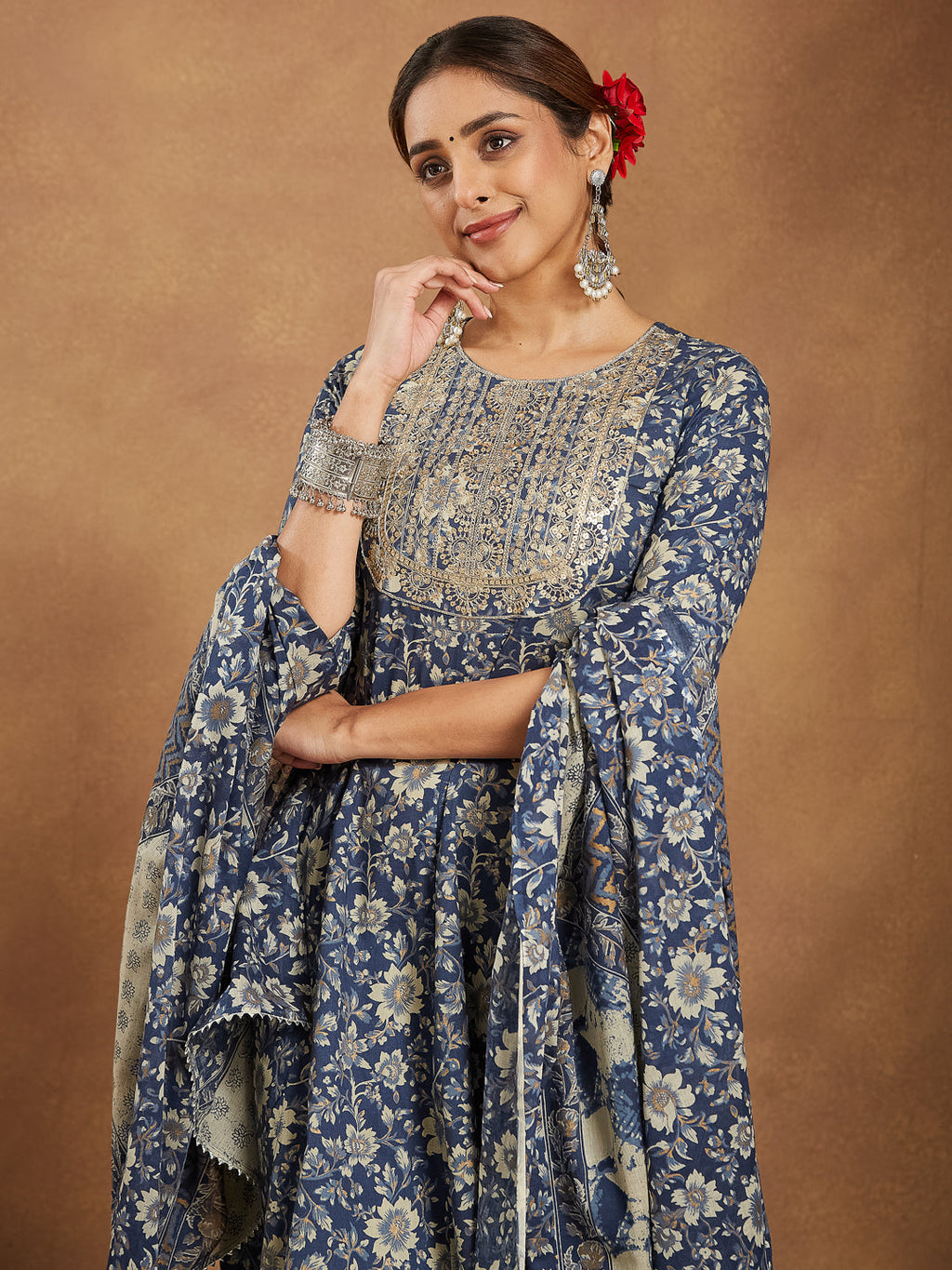 Janasya Dark Cotton Floral Anarkali Kurta Set