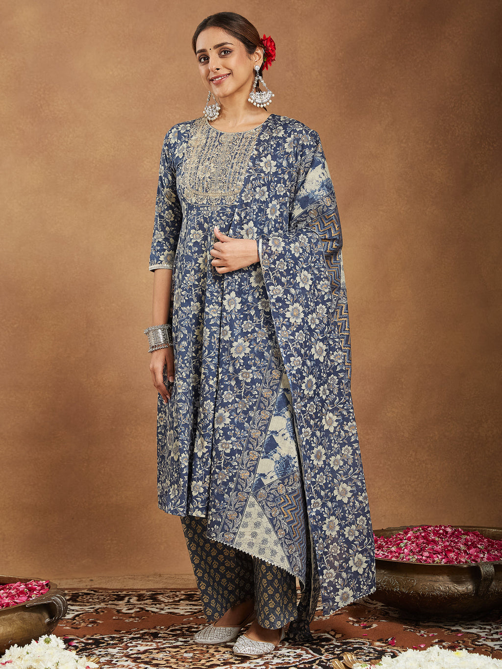 Janasya Dark Cotton Floral Anarkali Kurta Set