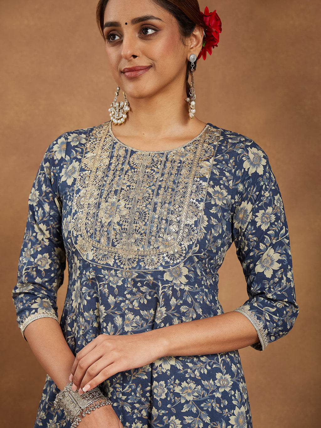 Janasya Dark Cotton Floral Anarkali Kurta Set