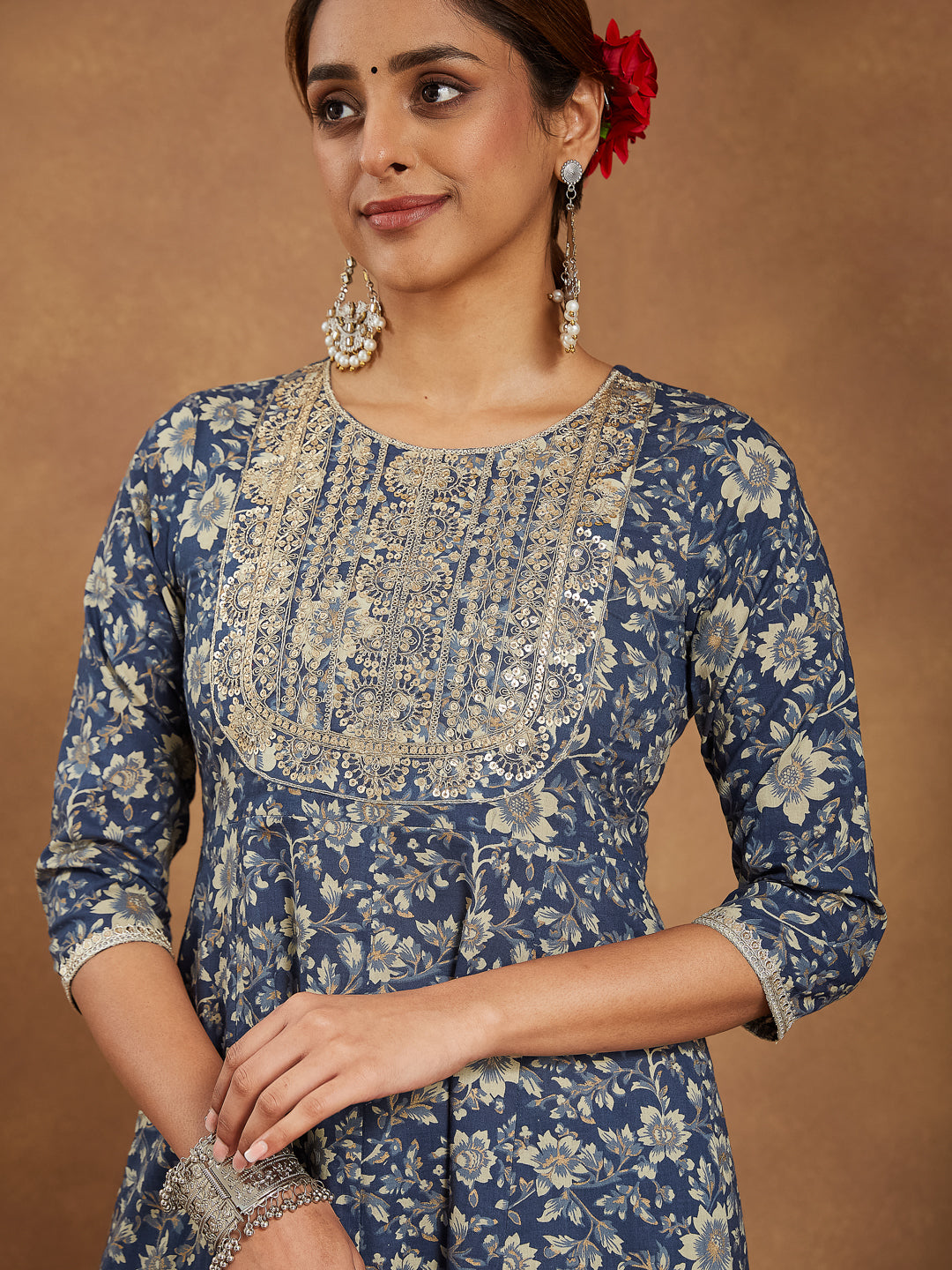 Janasya Dark Cotton Floral Anarkali Kurta Set