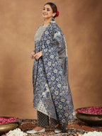 Janasya Dark Cotton Floral Anarkali Kurta Set