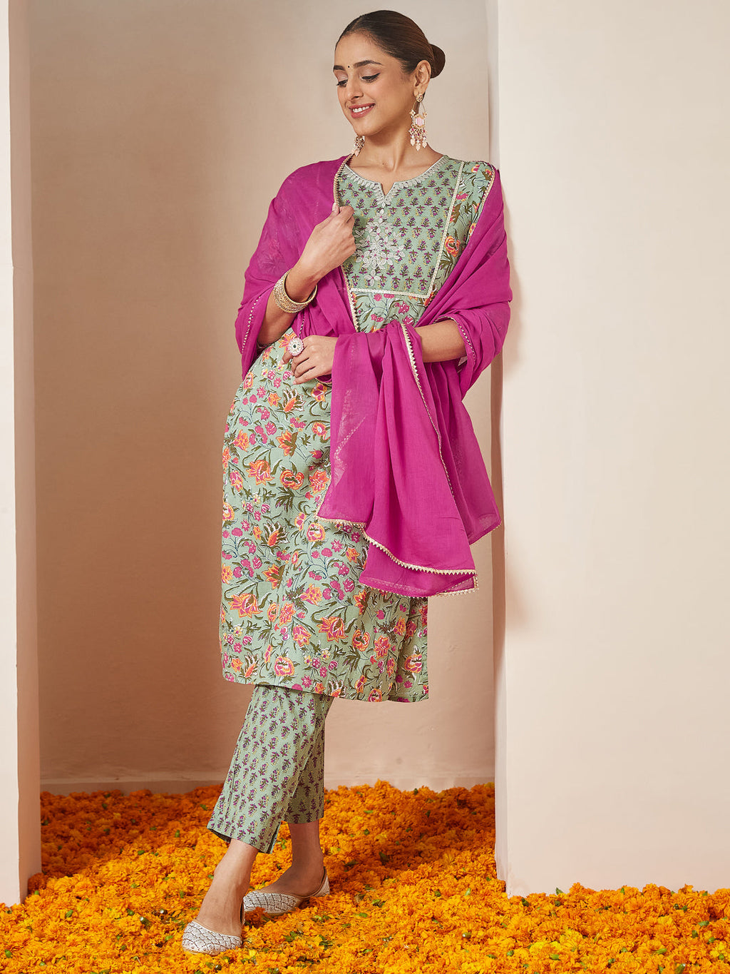 Janasya Light Cambric Floral A-Line Kurta Set