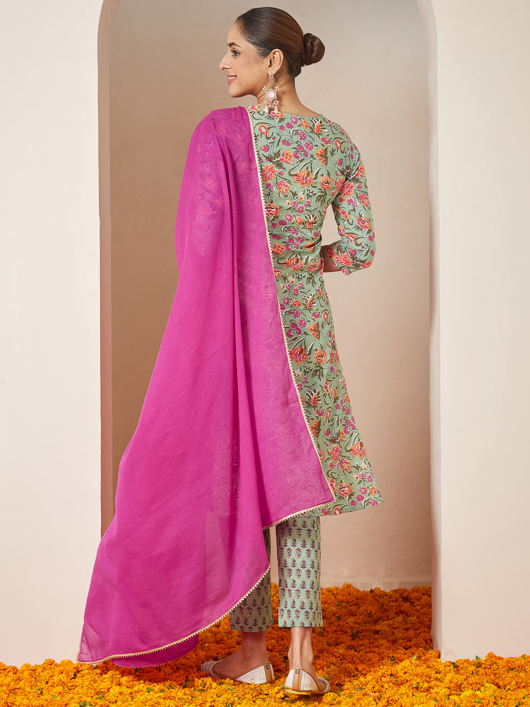 Janasya Light Cambric Floral A-Line Kurta Set