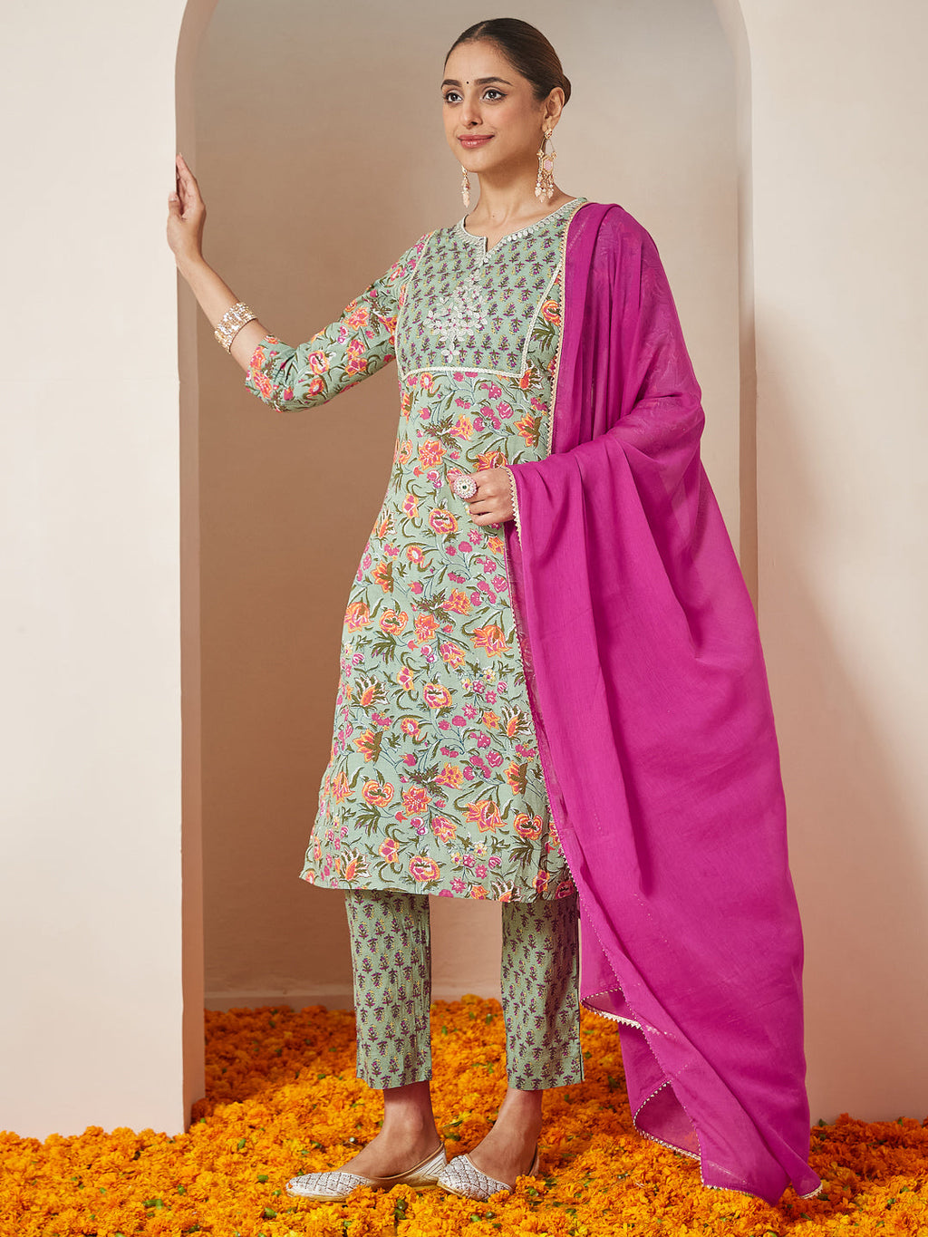 Janasya Light Cambric Floral A-Line Kurta Set