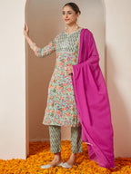 Janasya Light Cambric Floral A-Line Kurta Set