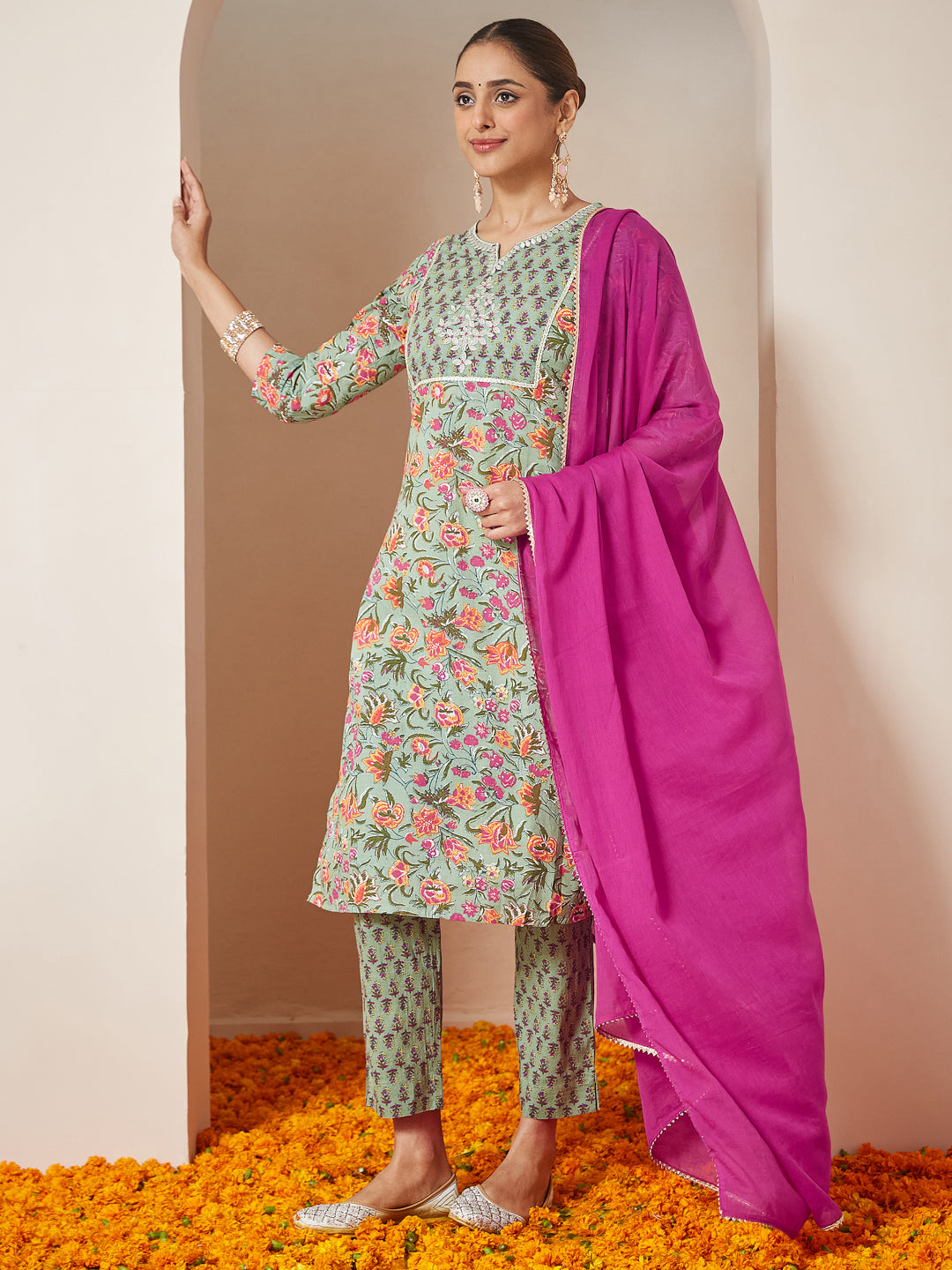 Janasya Light Cambric Floral A-Line Kurta Set