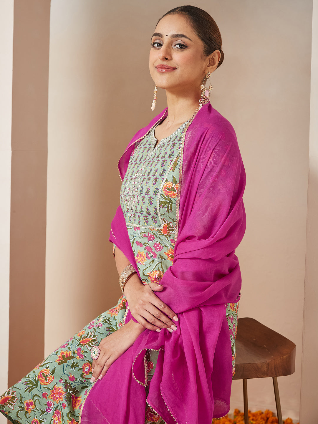 Janasya Light Cambric Floral A-Line Kurta Set