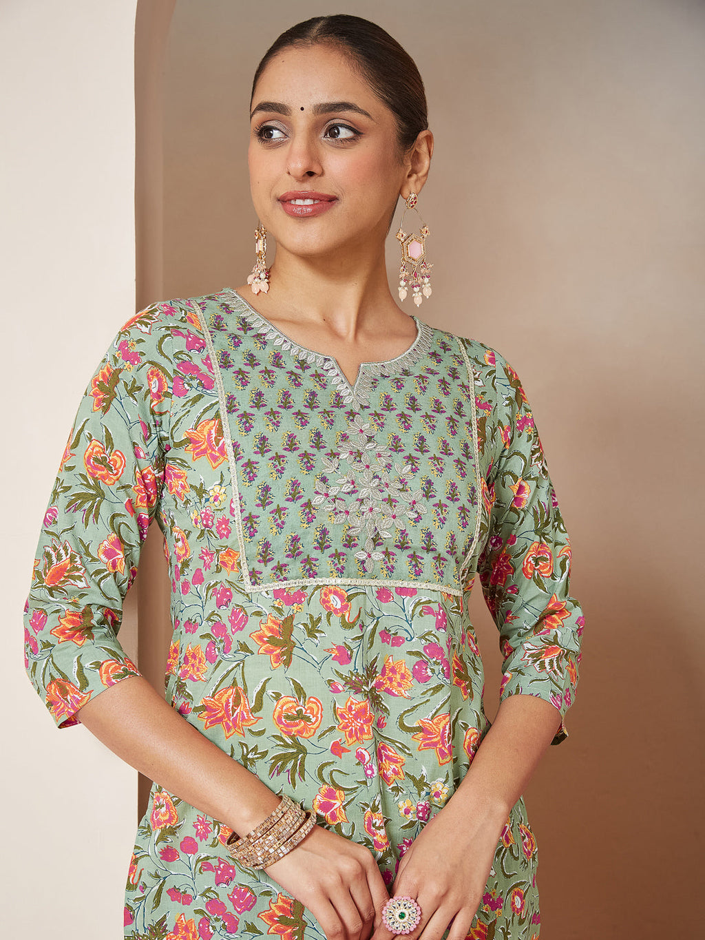 Janasya Light Cambric Floral A-Line Kurta Set