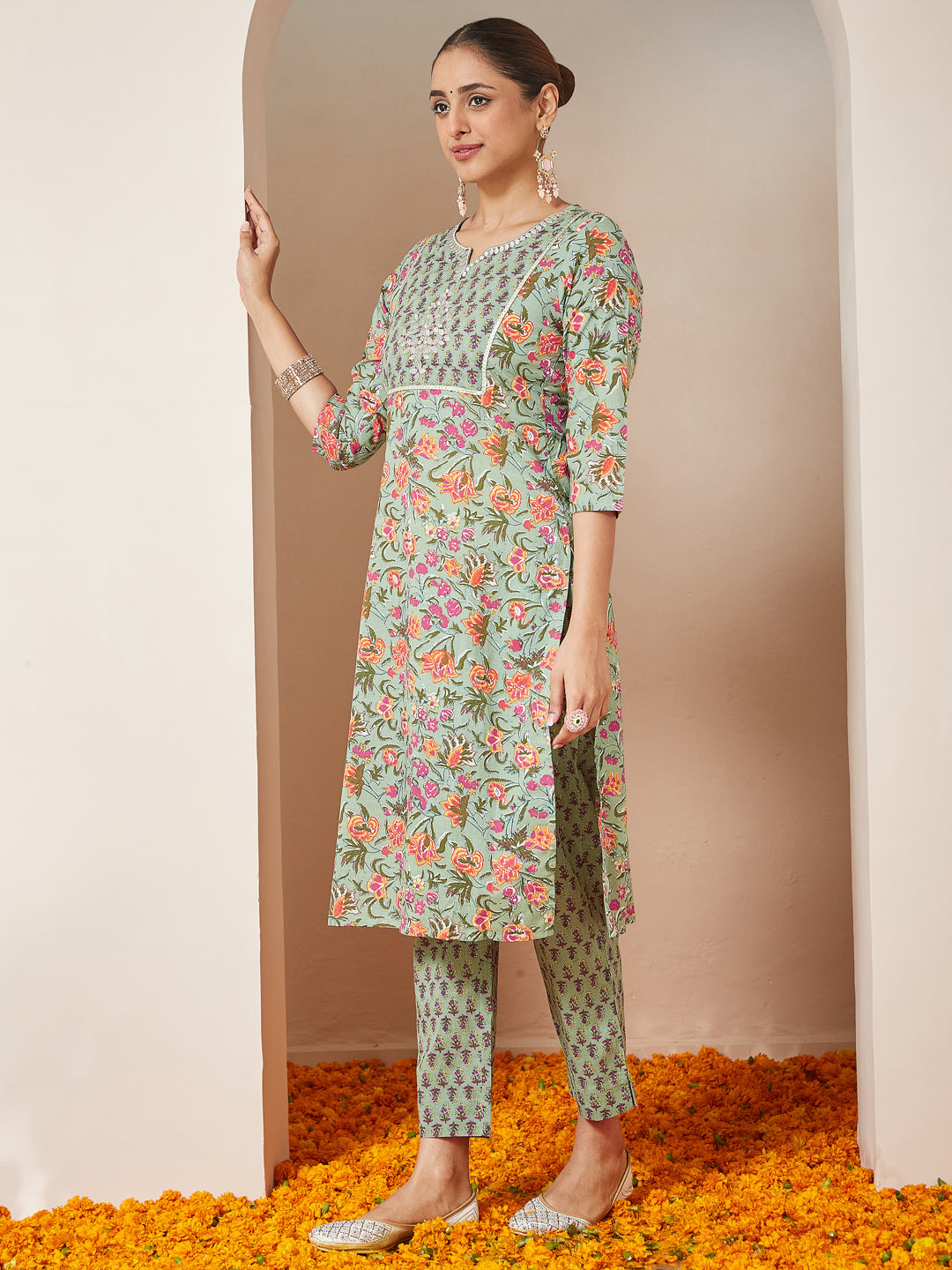 Janasya Light Cambric Floral A-Line Kurta Set