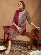 Janasya Dark Cotton Ethnic Motifs Straight Kurta Set