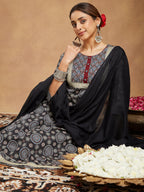 Janasya Dark Cotton Ajrakh Straight Kurta Set
