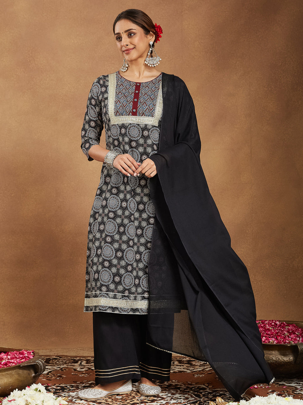Janasya Dark Cotton Ajrakh Straight Kurta Set