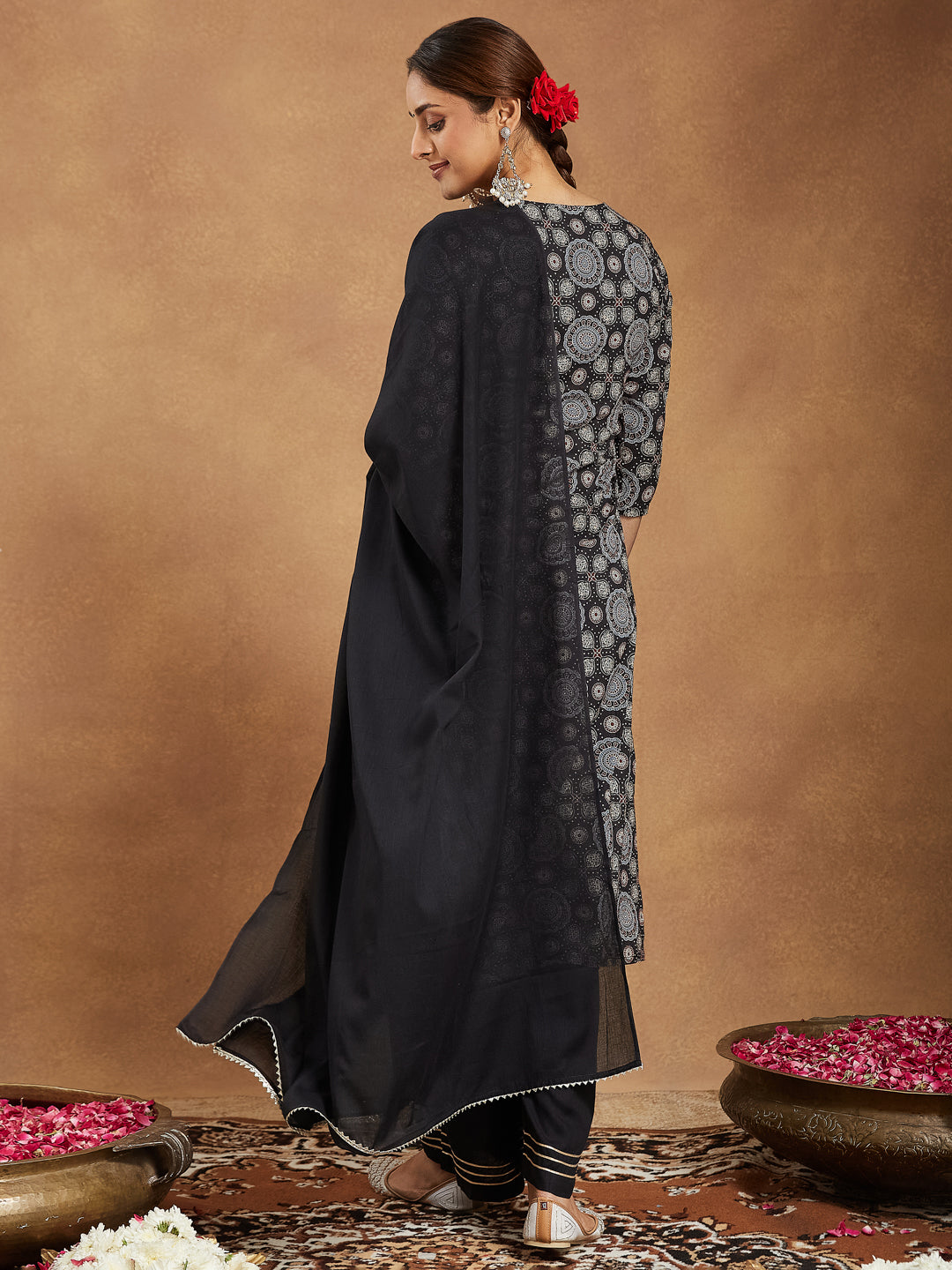 Janasya Dark Cotton Ajrakh Straight Kurta Set
