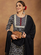 Janasya Dark Cotton Ajrakh Straight Kurta Set